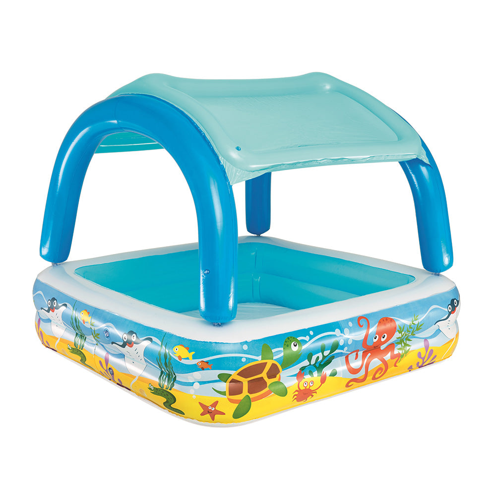 Bestway Inflatable Kids Canopy Play Pool with colorful marine graphics and removable sunshade, perfect for summer fun.