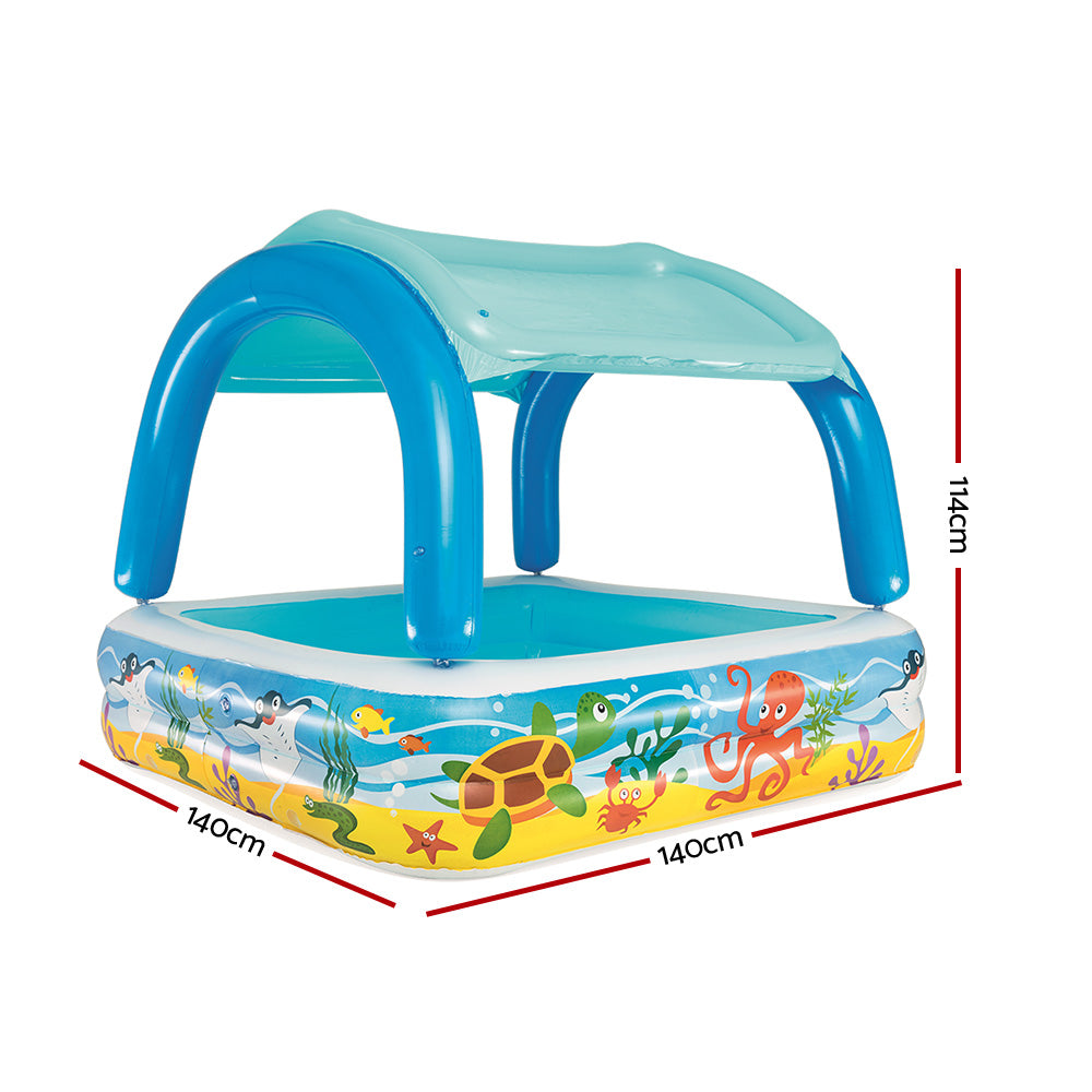 Bestway Inflatable Kids Canopy Play Pool with colorful marine graphics and removable sunshade, perfect for summer fun.