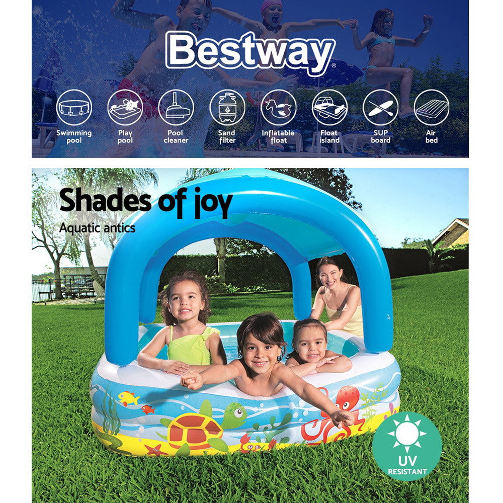 Bestway Inflatable Kids Canopy Play Pool with colorful marine graphics and removable sunshade, perfect for summer fun.