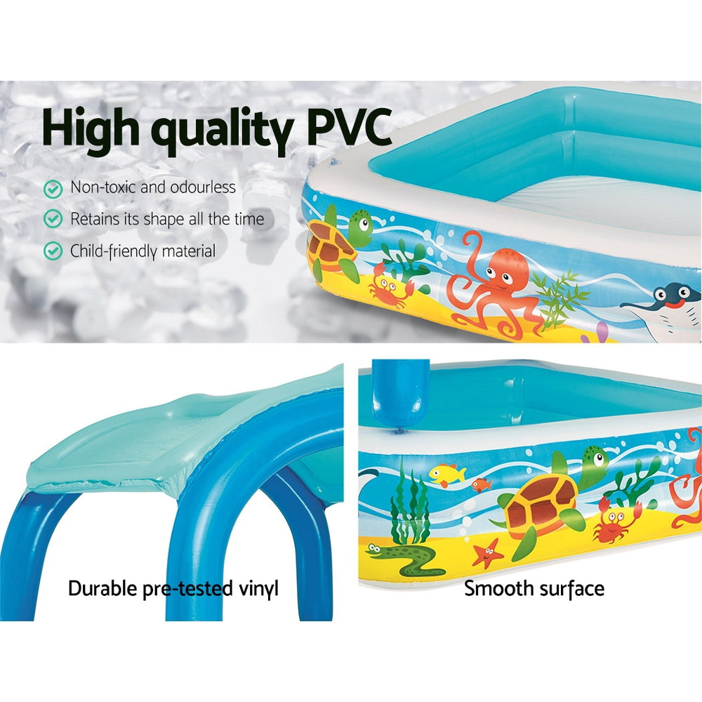 Bestway Inflatable Kids Canopy Play Pool with colorful marine graphics and removable sunshade, perfect for summer fun.