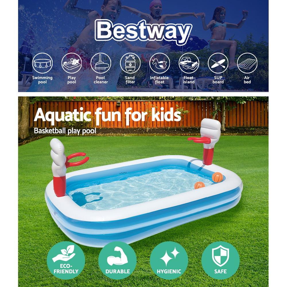 Bestway Inflatable Play Pool featuring basketball nets and colorful design, perfect for kids' summer fun.