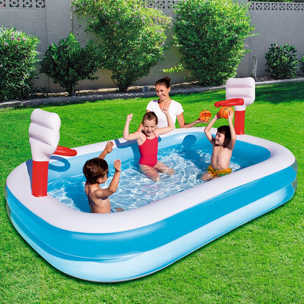 Bestway Inflatable Play Pool featuring basketball nets and colorful design, perfect for kids' summer fun.