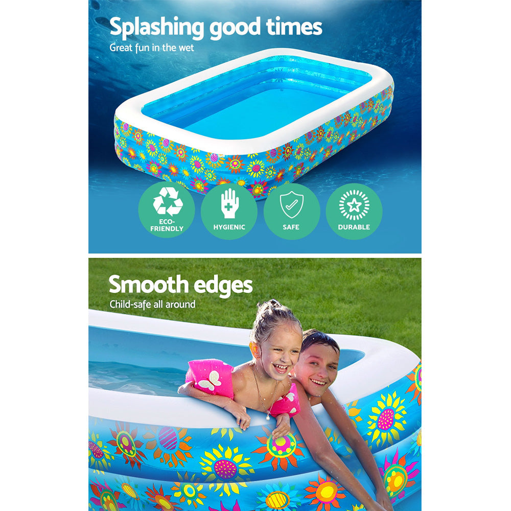 Bestway Inflatable Rectangular Family Pool set up in a backyard, showcasing its spacious design and child-safe border.