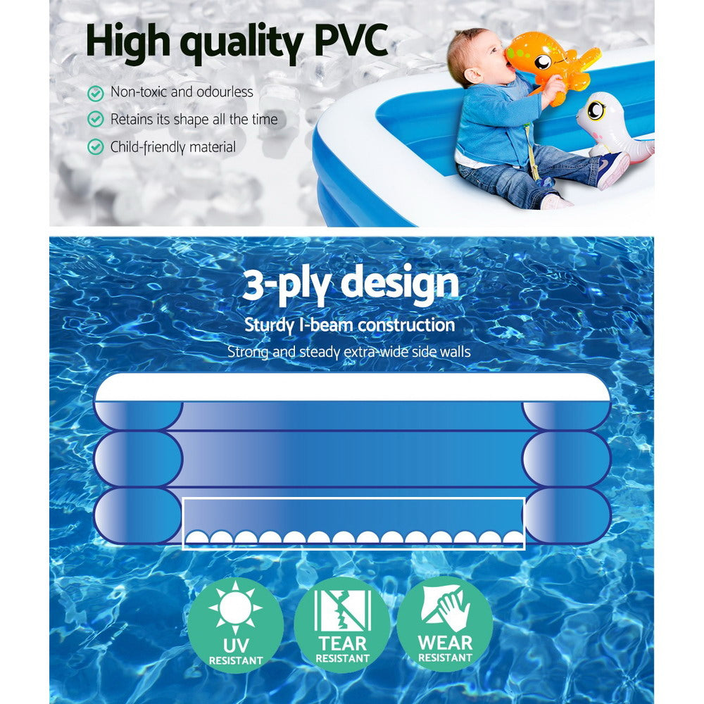 Bestway Inflatable Rectangular Family Pool set up in a backyard, showcasing its spacious design and child-safe border.