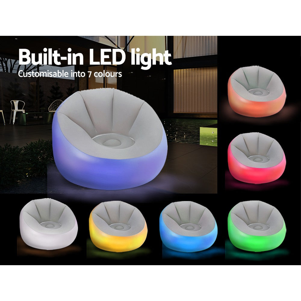 Bestway Inflatable Seat Sofa LED Light Chair in grey, showcasing its comfortable design and built-in LED lights for outdoor use.