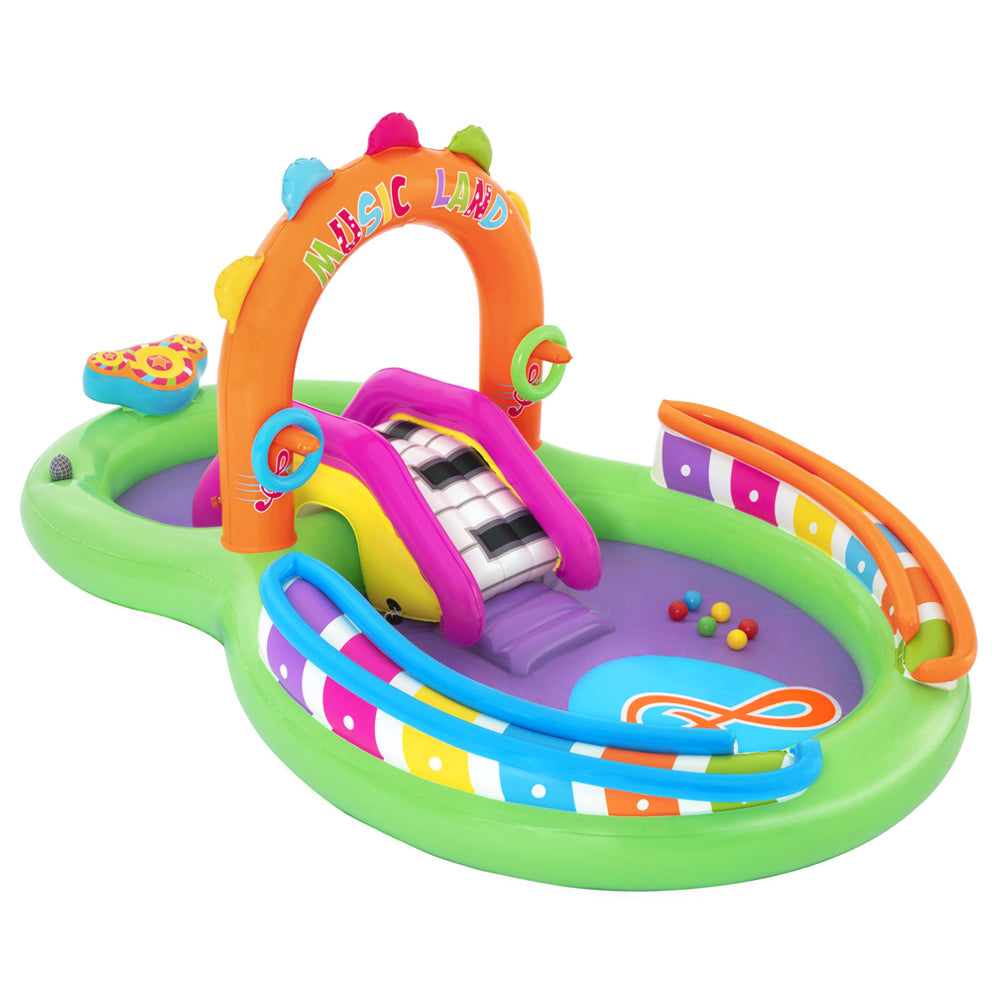 Bestway Inflatable Sing N Splash play pool featuring musical instruments, slide, and water sprayer for kids.