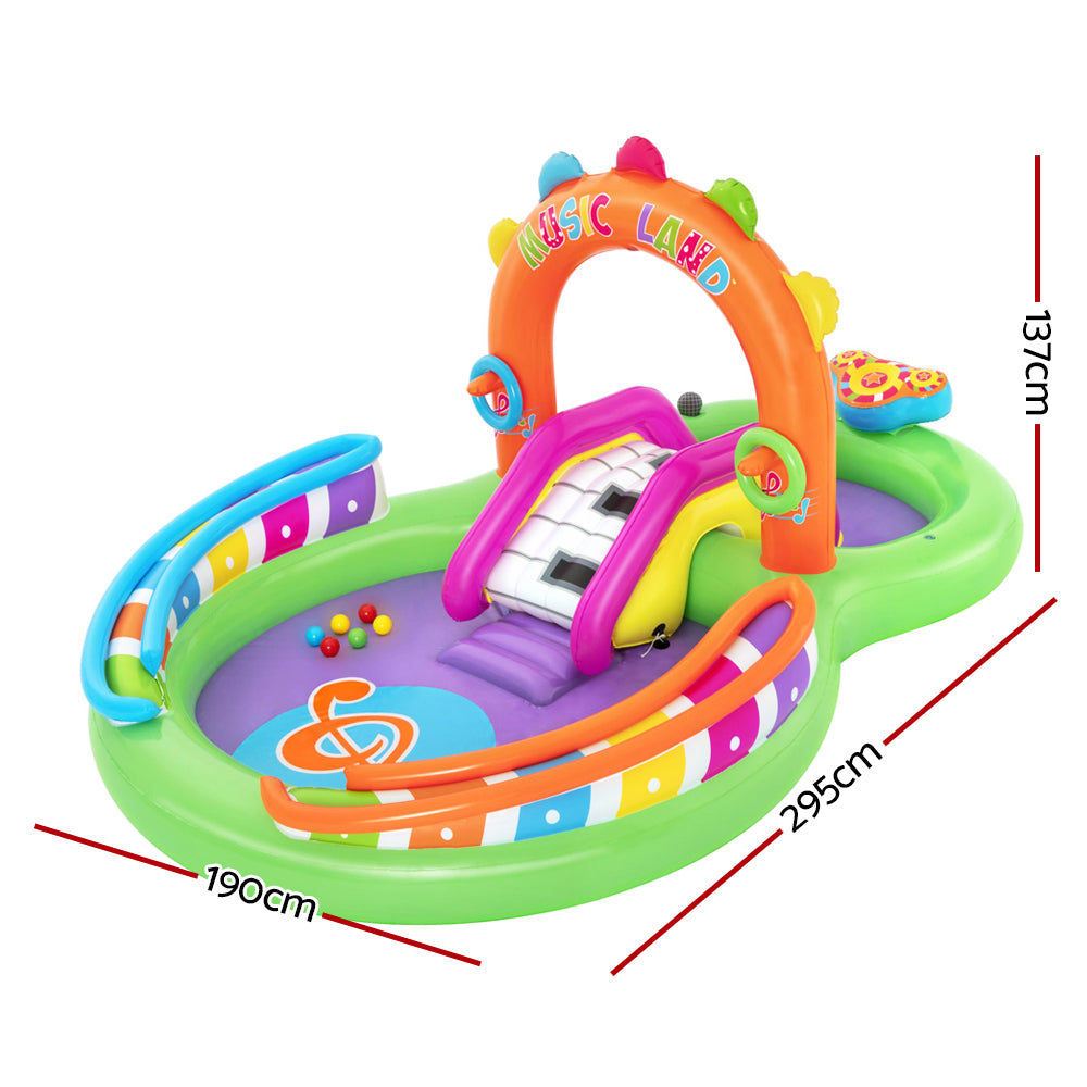 Bestway Inflatable Sing N Splash play pool featuring musical instruments, slide, and water sprayer for kids.