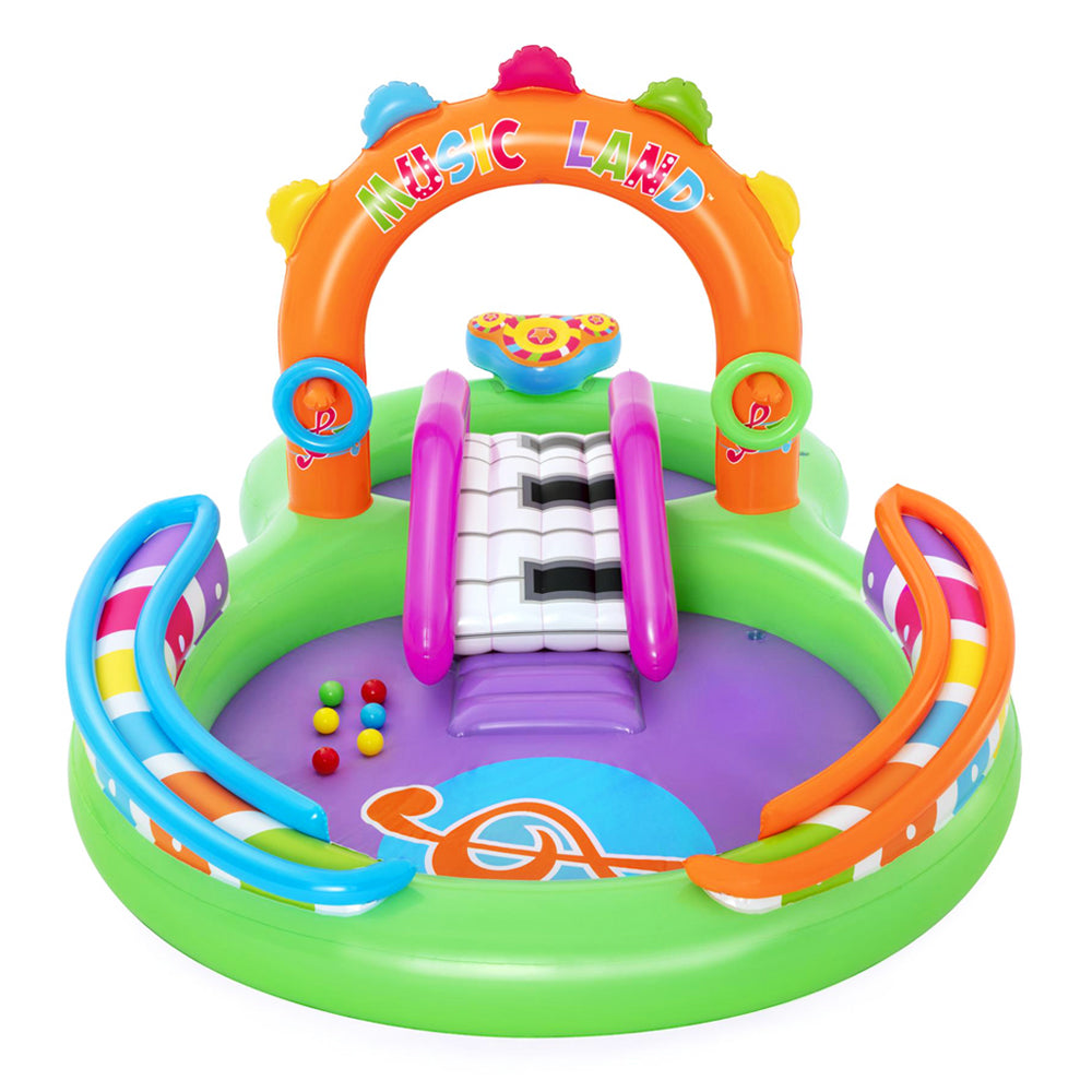 Bestway Inflatable Sing N Splash play pool featuring musical instruments, slide, and water sprayer for kids.