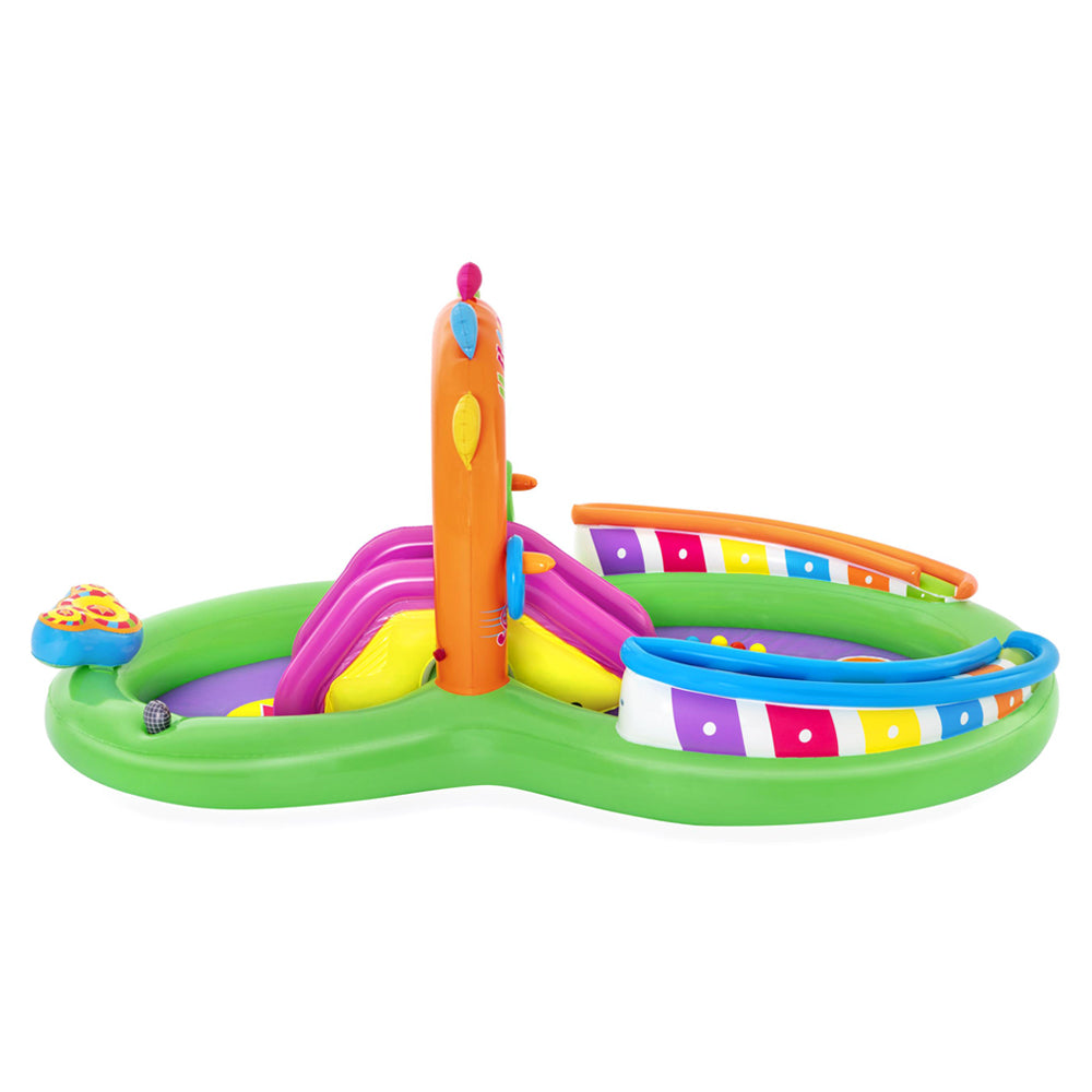 Bestway Inflatable Sing N Splash play pool featuring musical instruments, slide, and water sprayer for kids.