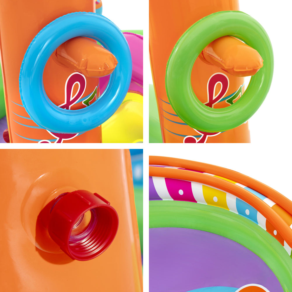 Bestway Inflatable Sing N Splash play pool featuring musical instruments, slide, and water sprayer for kids.