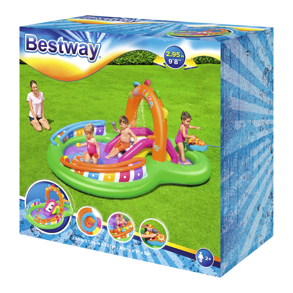 Bestway Inflatable Sing N Splash play pool featuring musical instruments, slide, and water sprayer for kids.