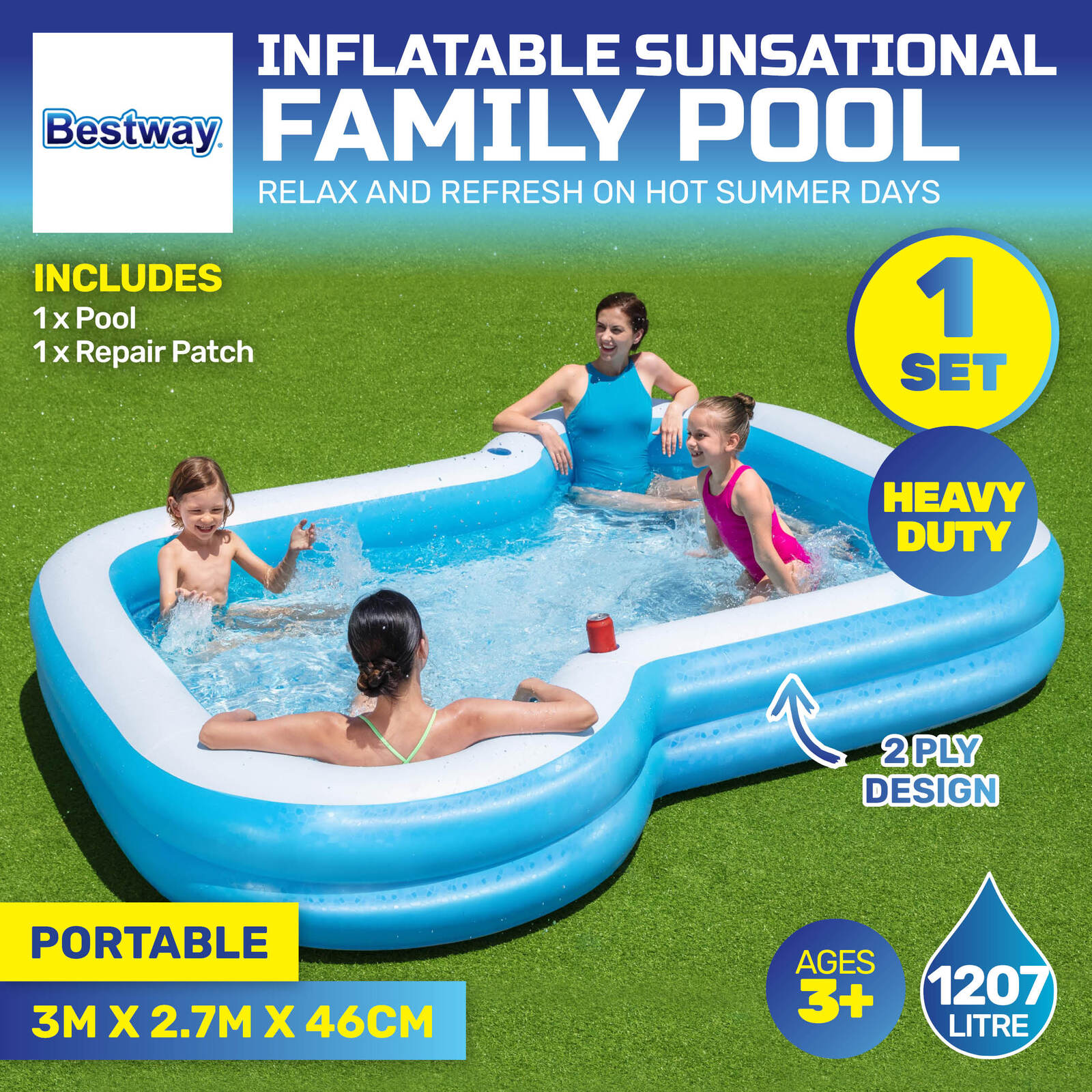 Bestway Inflatable Sunsational Family Pool with mosaic printed base, featuring wide side walls and drink holders, perfect for family summer fun.