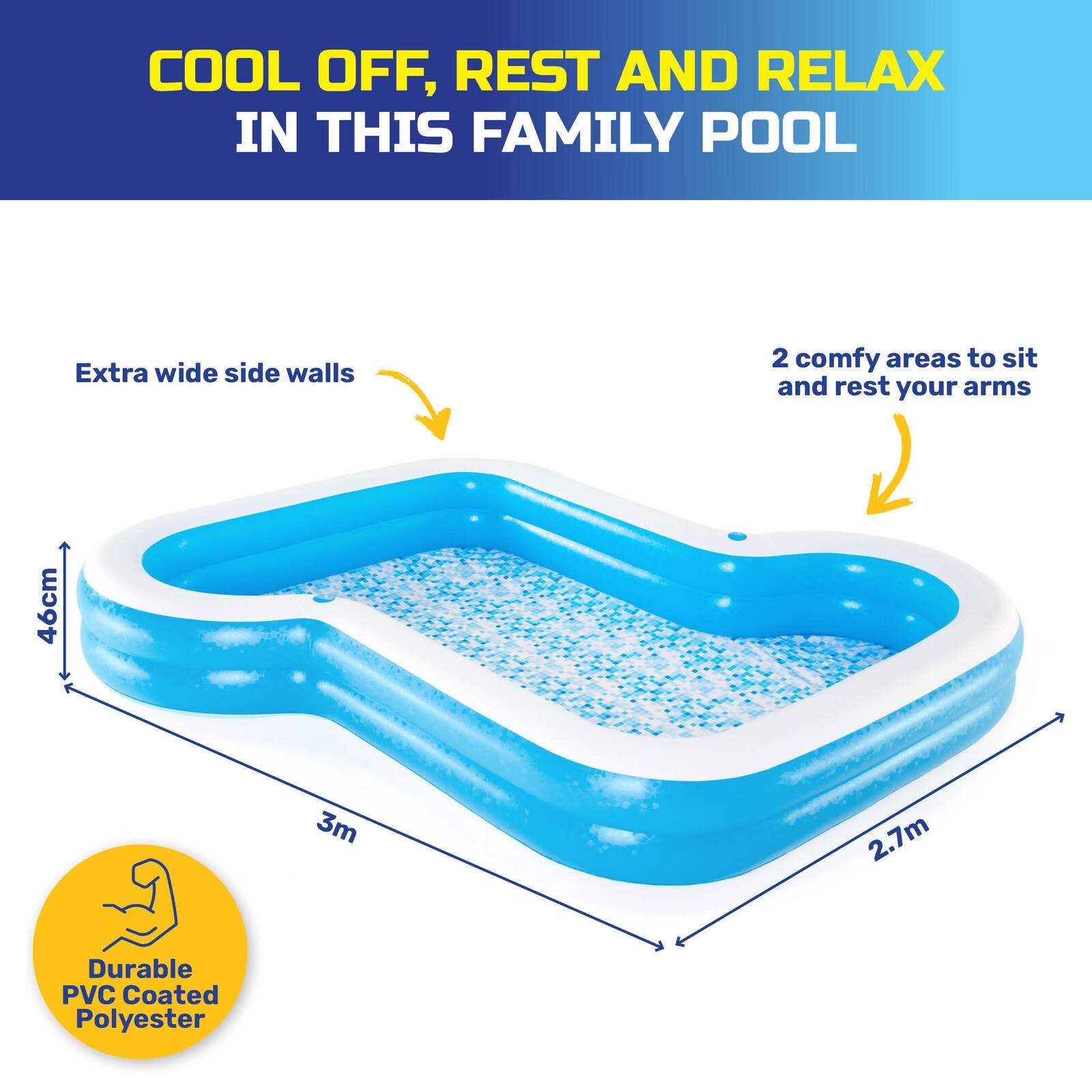 Bestway Inflatable Sunsational Family Pool with mosaic printed base, featuring wide side walls and drink holders, perfect for family summer fun.