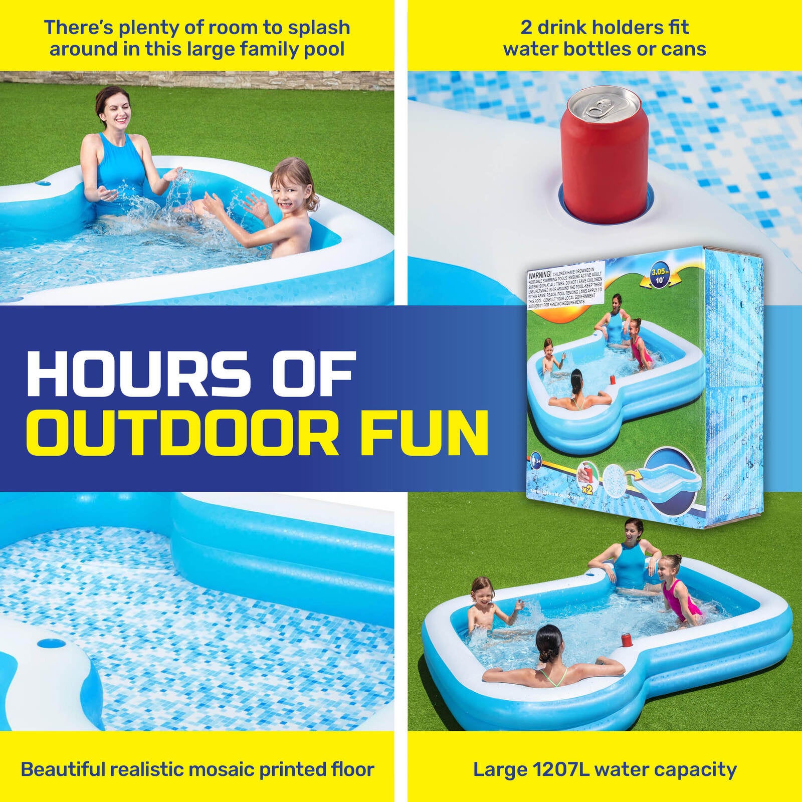 Bestway Inflatable Sunsational Family Pool with mosaic printed base, featuring wide side walls and drink holders, perfect for family summer fun.