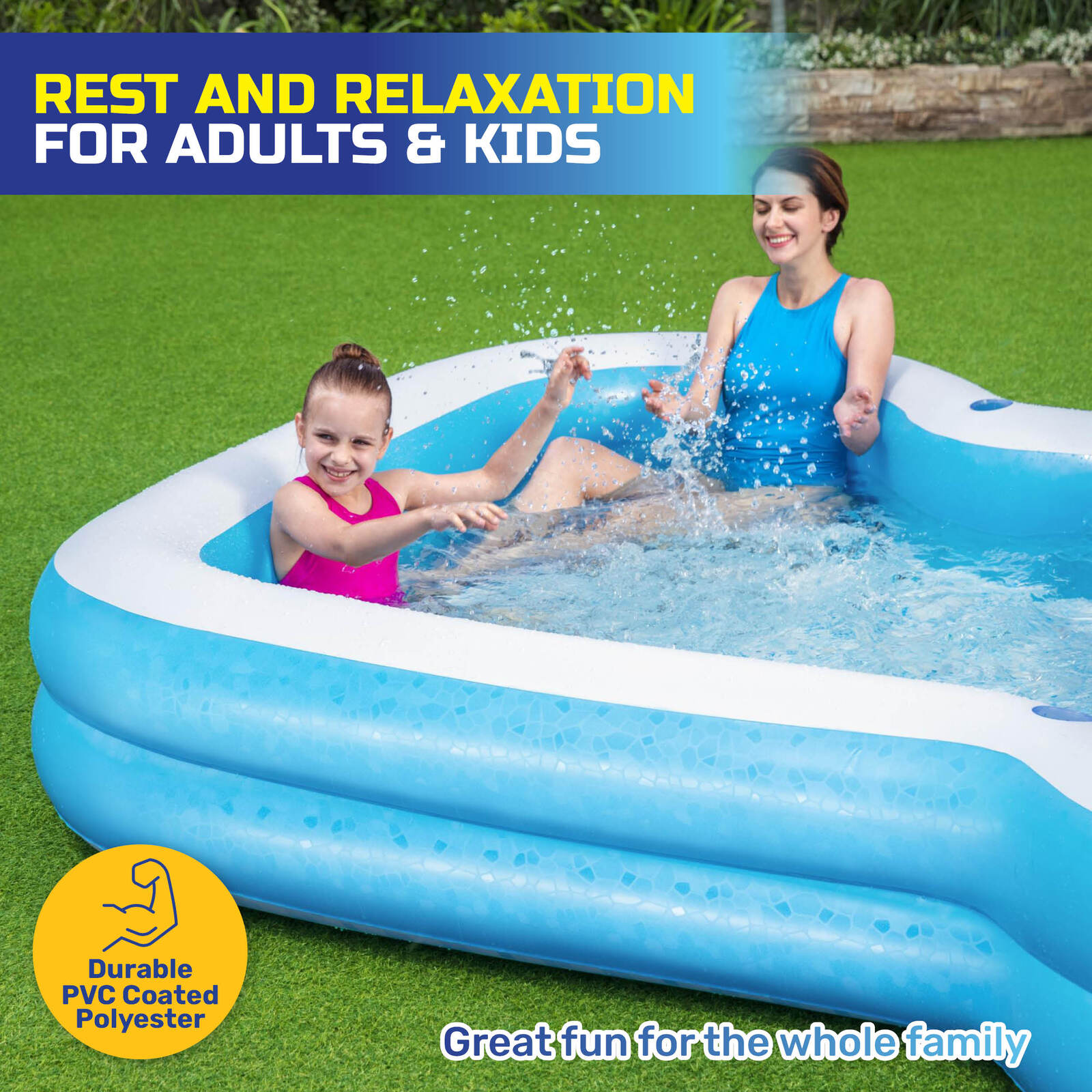 Bestway Inflatable Sunsational Family Pool with mosaic printed base, featuring wide side walls and drink holders, perfect for family summer fun.