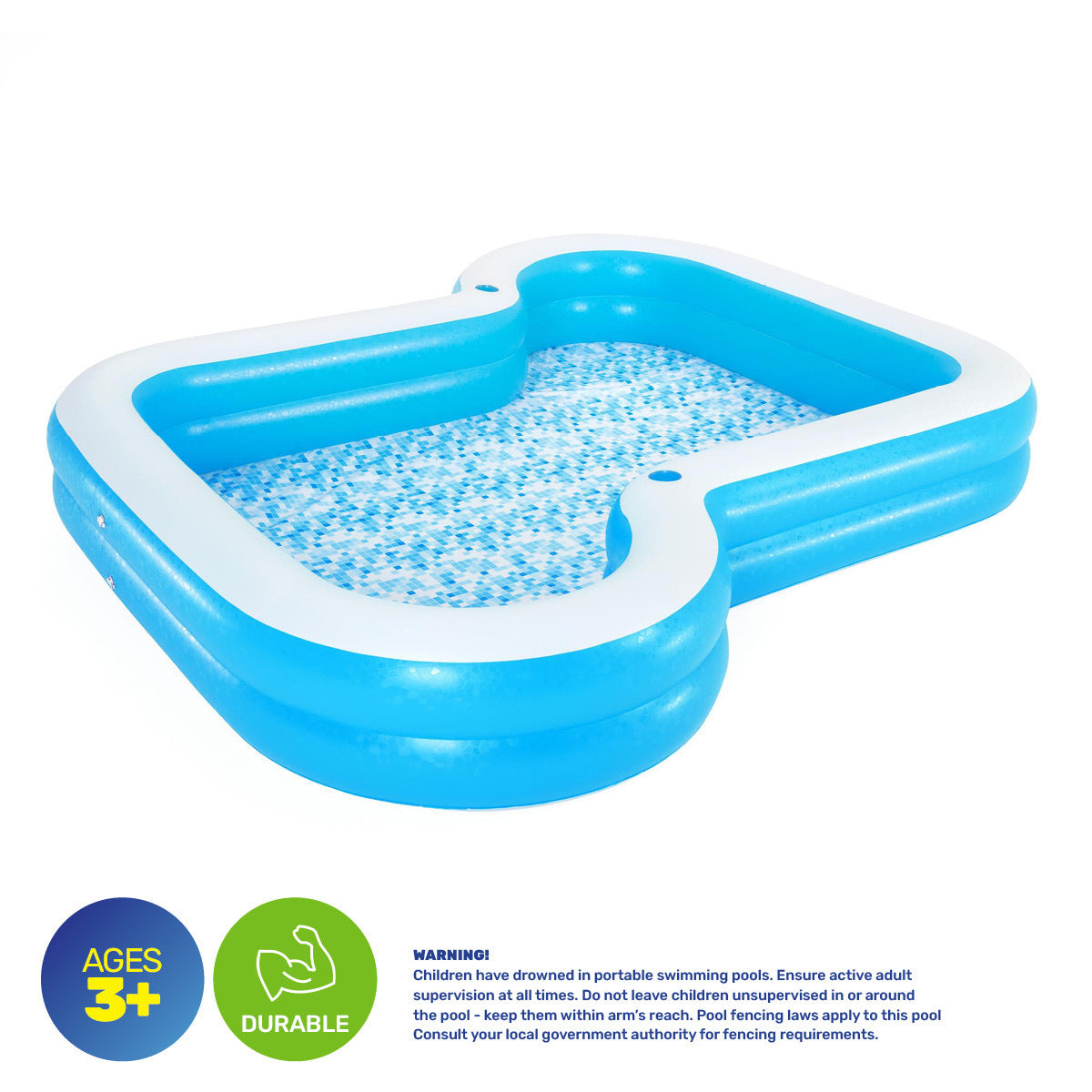 Bestway Inflatable Sunsational Family Pool with mosaic printed base, featuring wide side walls and drink holders, perfect for family summer fun.