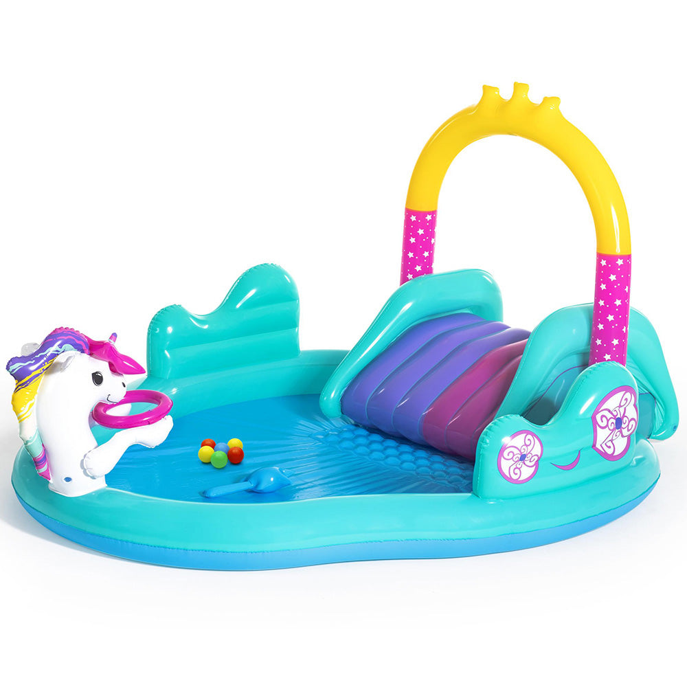 Bestway Inflatable Under The Sea pool with unicorn slide, colorful balls, and water sprayer, perfect for kids' summer fun.