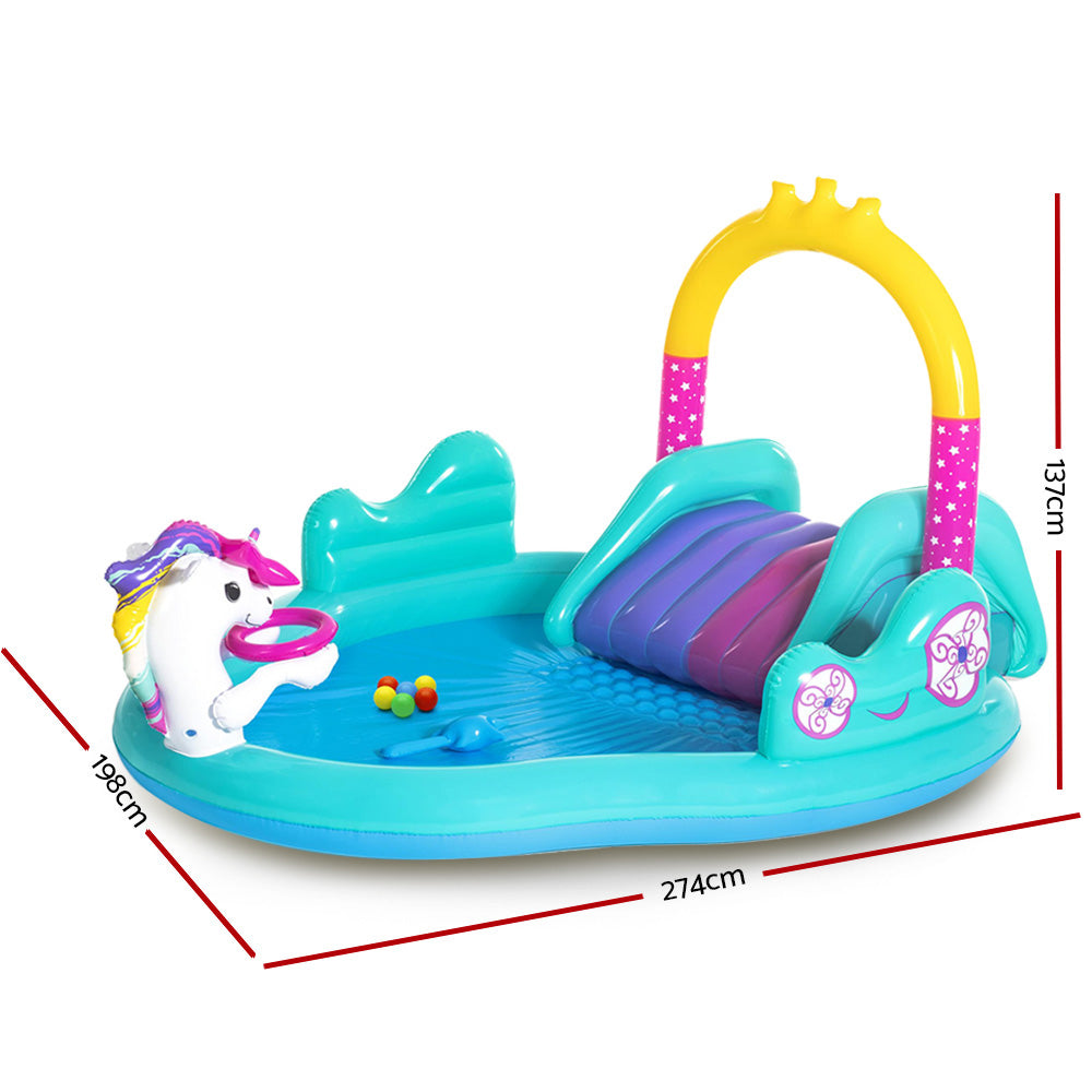 Bestway Inflatable Under The Sea pool with unicorn slide, colorful balls, and water sprayer, perfect for kids' summer fun.