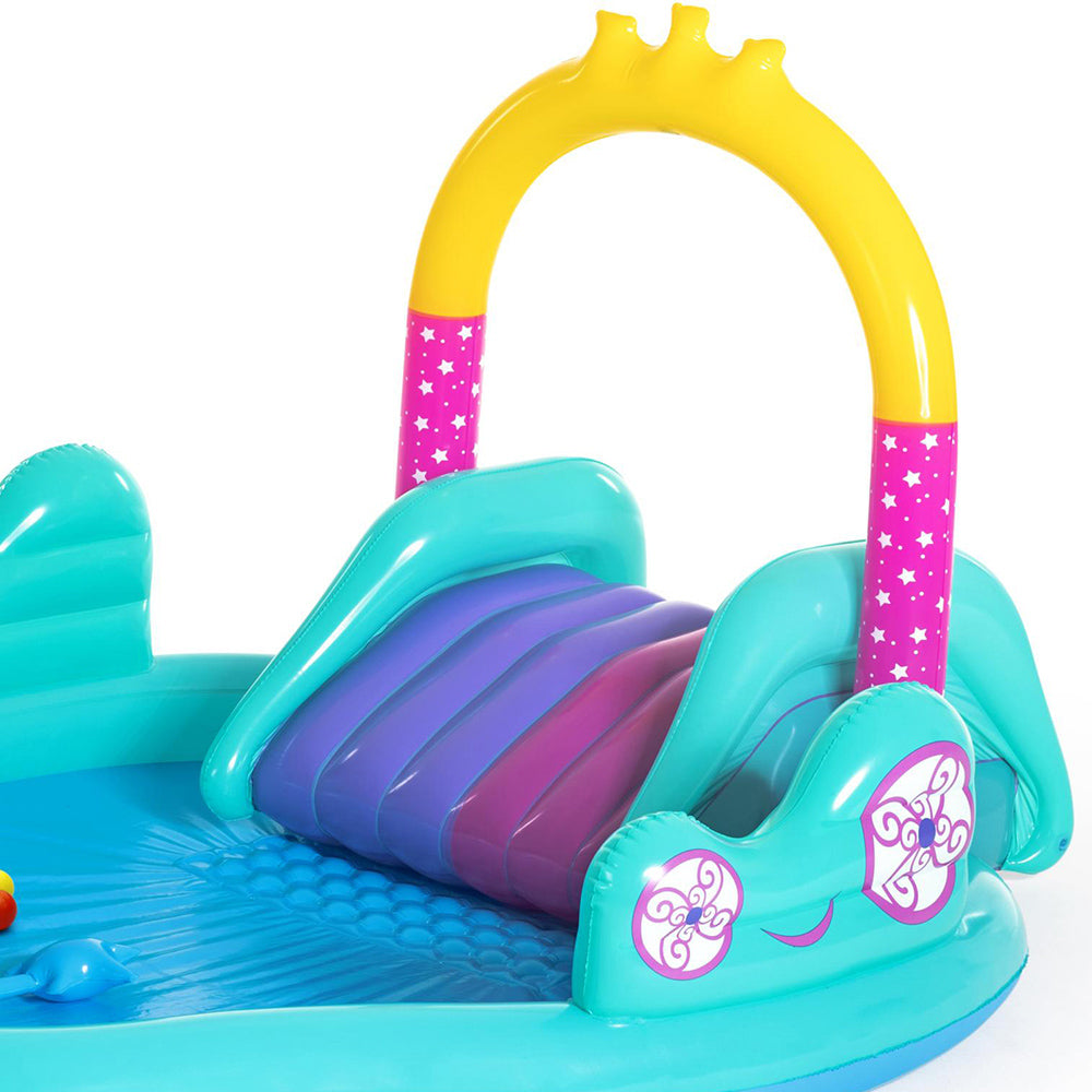 Bestway Inflatable Under The Sea pool with unicorn slide, colorful balls, and water sprayer, perfect for kids' summer fun.