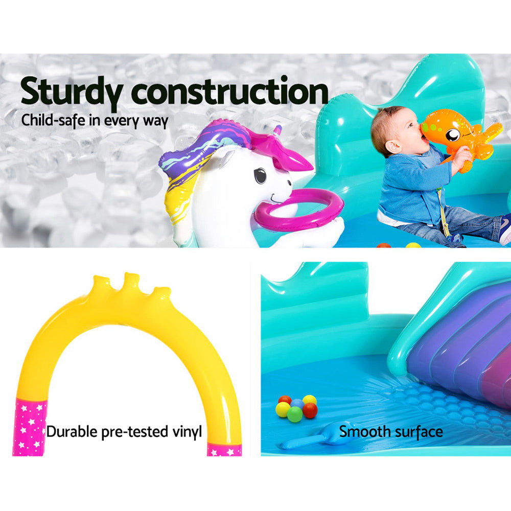 Bestway Inflatable Under The Sea pool with unicorn slide, colorful balls, and water sprayer, perfect for kids' summer fun.