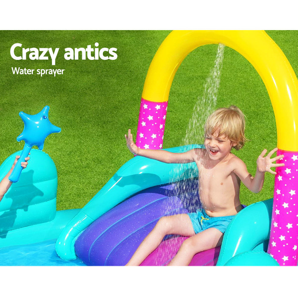 Bestway Inflatable Under The Sea pool with unicorn slide, colorful balls, and water sprayer, perfect for kids' summer fun.