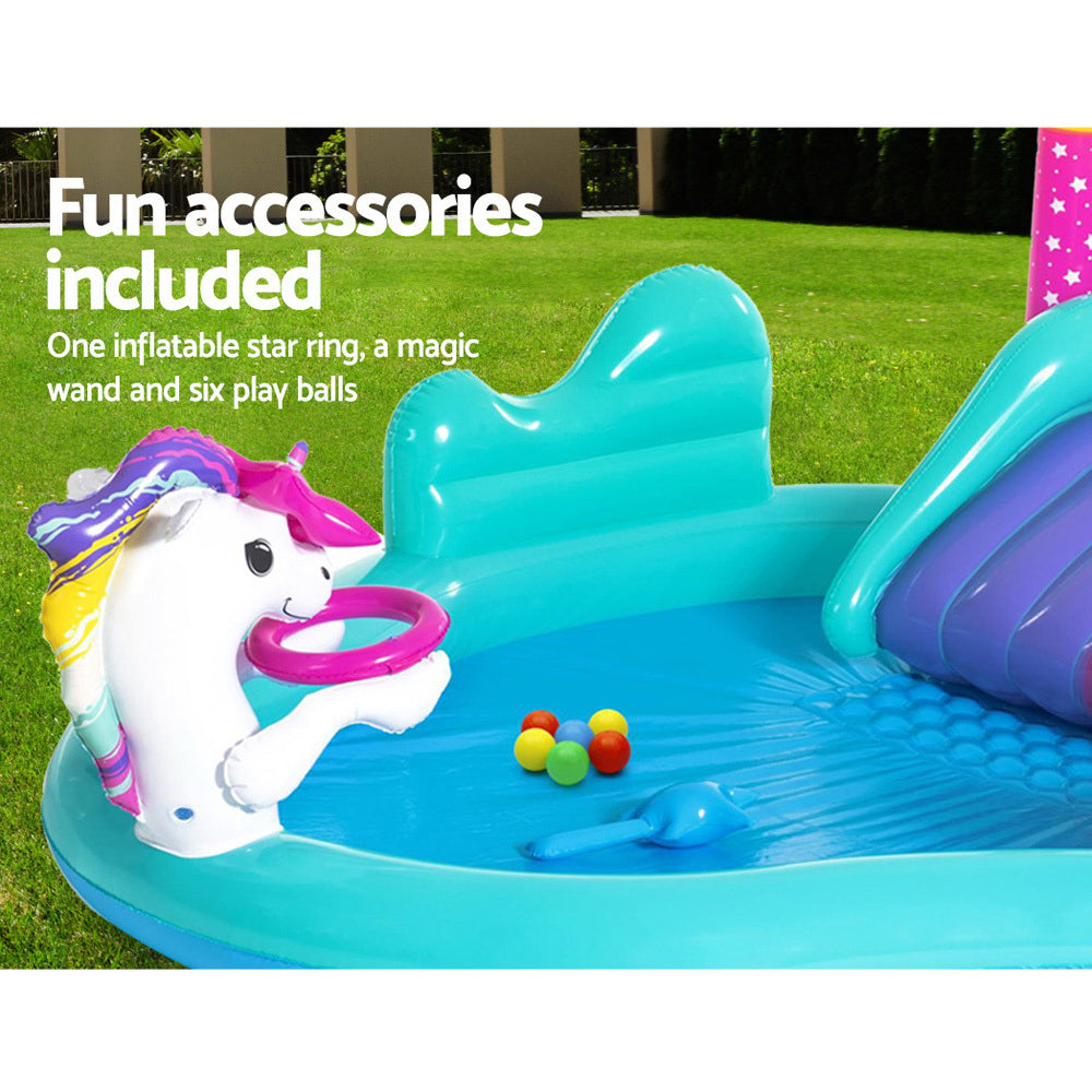 Bestway Inflatable Under The Sea pool with unicorn slide, colorful balls, and water sprayer, perfect for kids' summer fun.