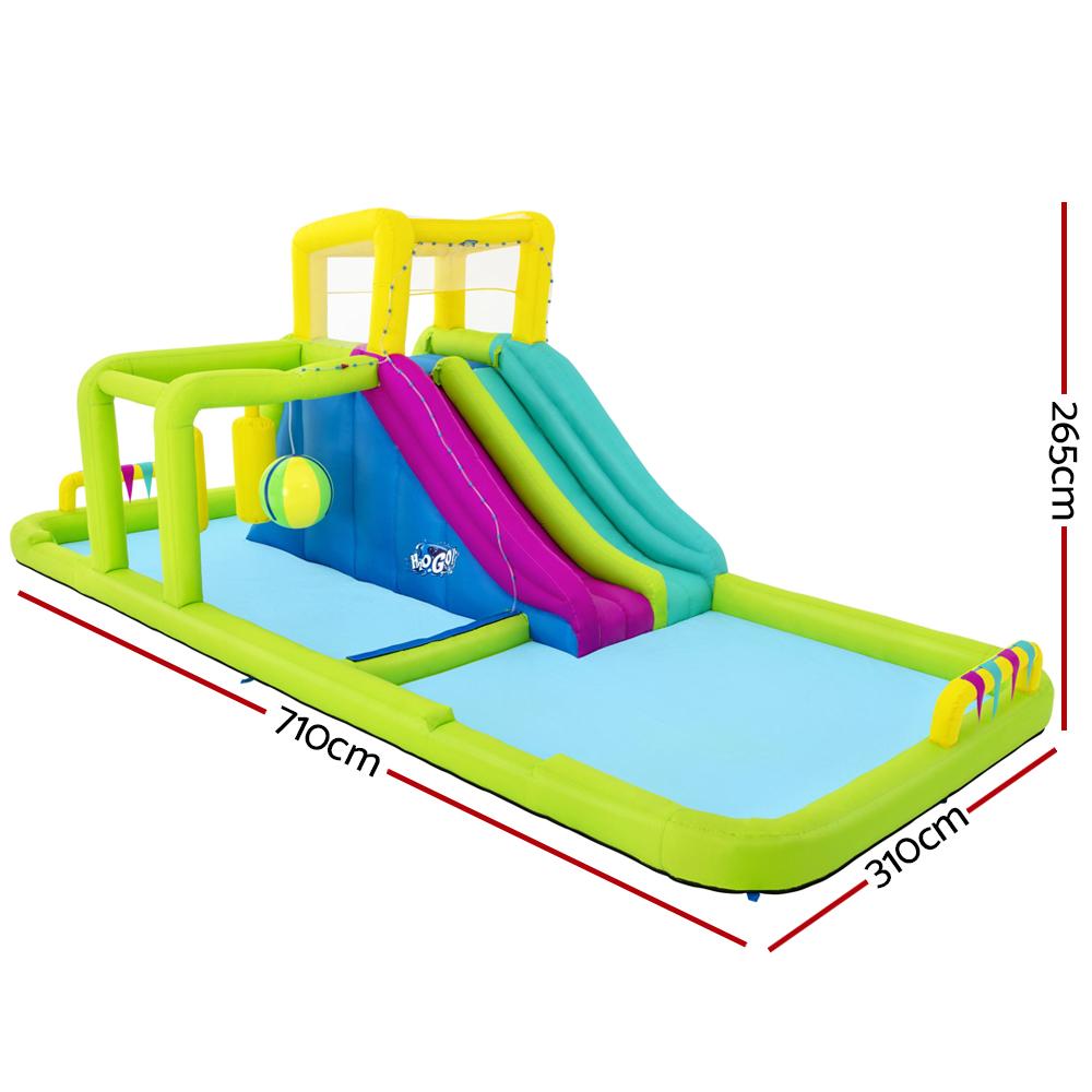 Bestway H2OGO Inflatable Water Park featuring a giant slide, colorful design, and safety mesh walls, perfect for outdoor summer fun.