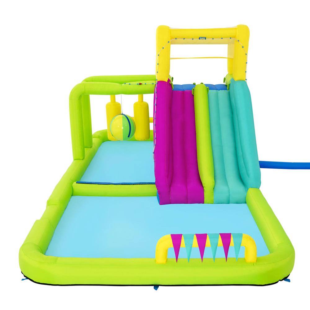 Bestway H2OGO Inflatable Water Park featuring a giant slide, colorful design, and safety mesh walls, perfect for outdoor summer fun.