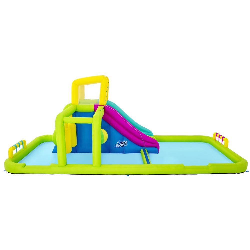 Bestway H2OGO Inflatable Water Park featuring a giant slide, colorful design, and safety mesh walls, perfect for outdoor summer fun.