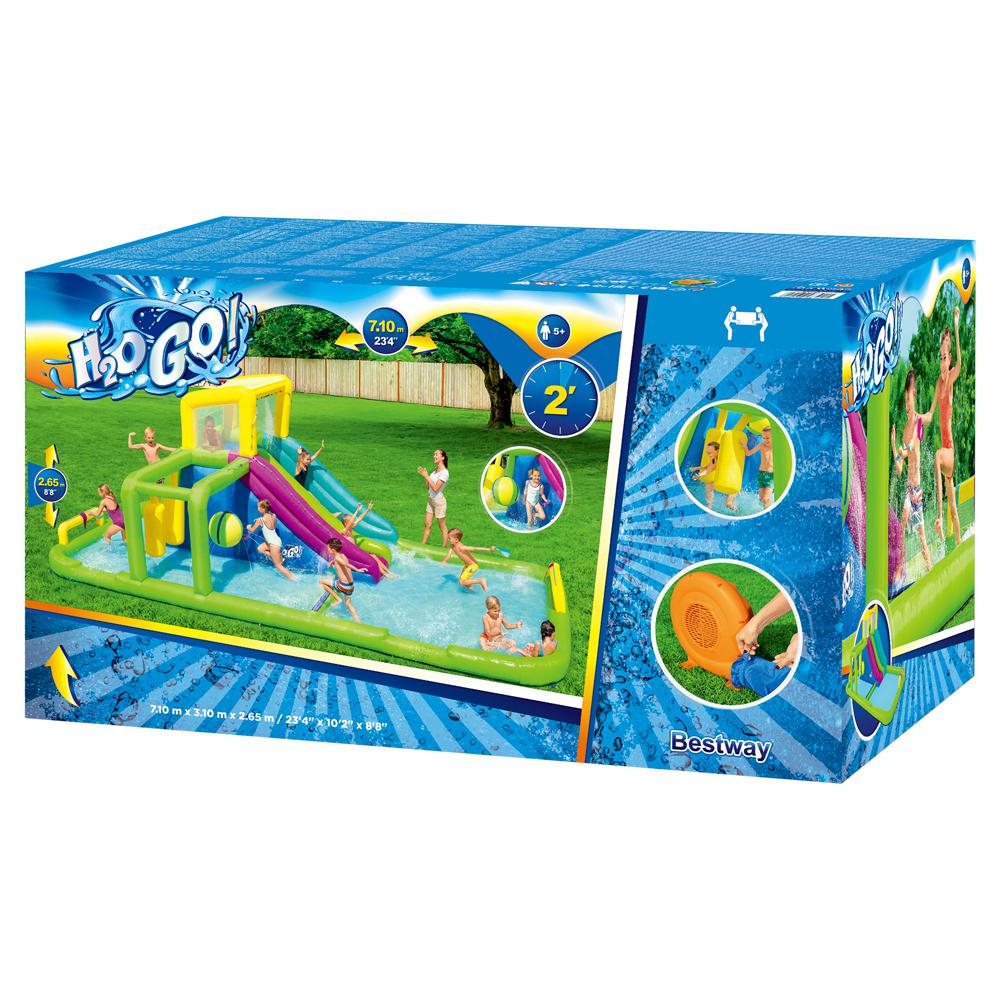 Bestway H2OGO Inflatable Water Park featuring a giant slide, colorful design, and safety mesh walls, perfect for outdoor summer fun.