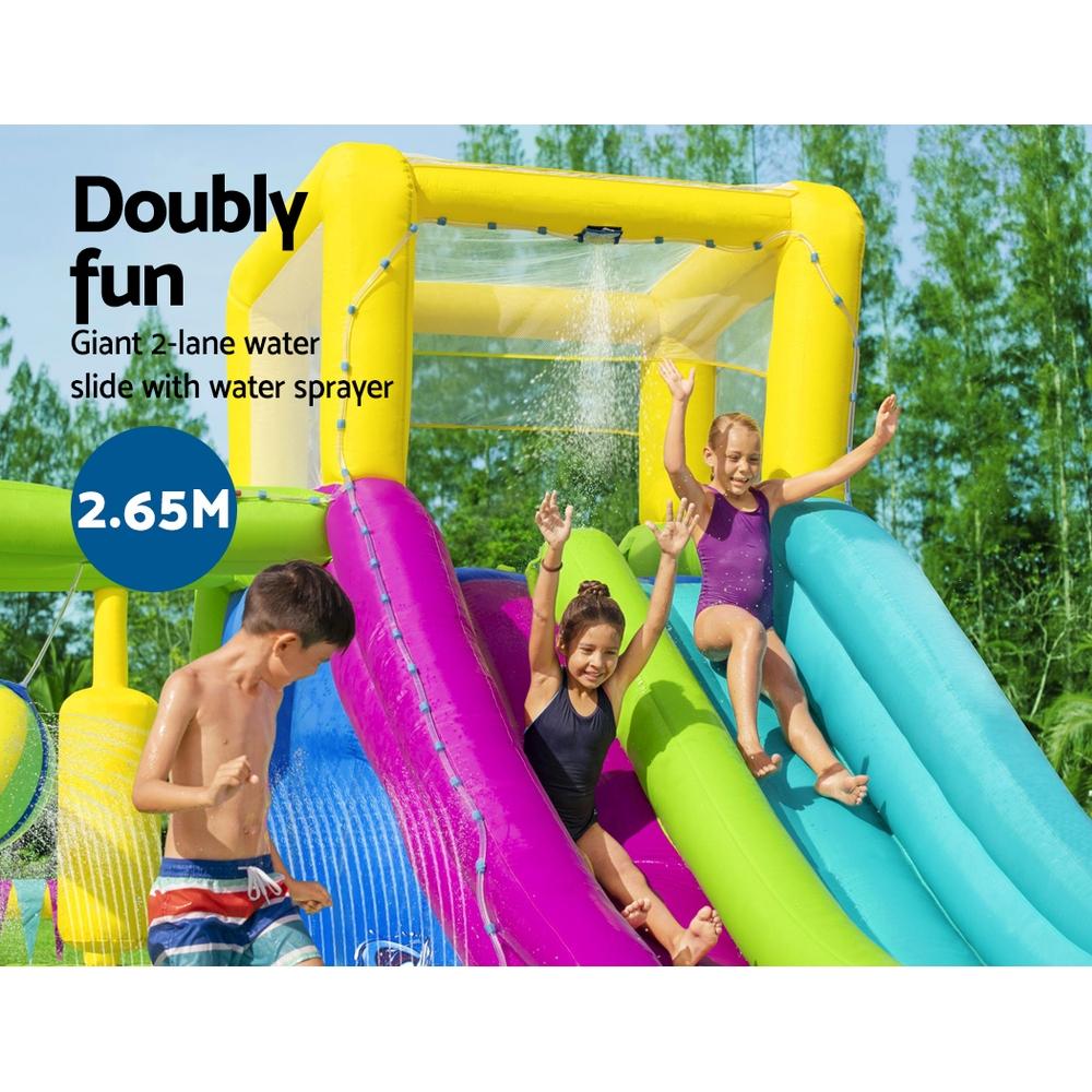 Bestway H2OGO Inflatable Water Park featuring a giant slide, colorful design, and safety mesh walls, perfect for outdoor summer fun.