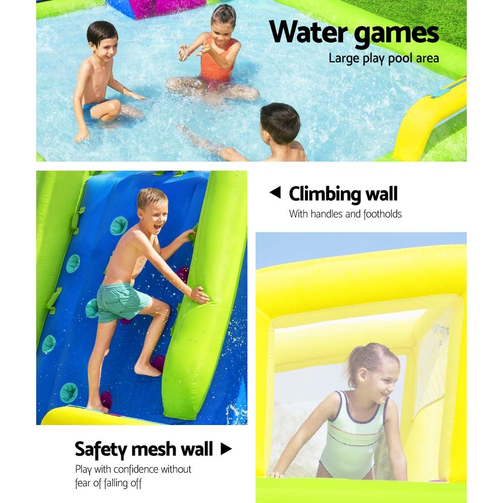 Bestway H2OGO Inflatable Water Park featuring a giant slide, colorful design, and safety mesh walls, perfect for outdoor summer fun.