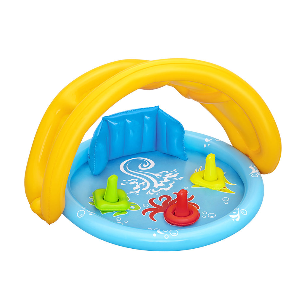 Bestway Kids Swimming Pool, inflatable above ground pool with sunshade and colorful design for children.