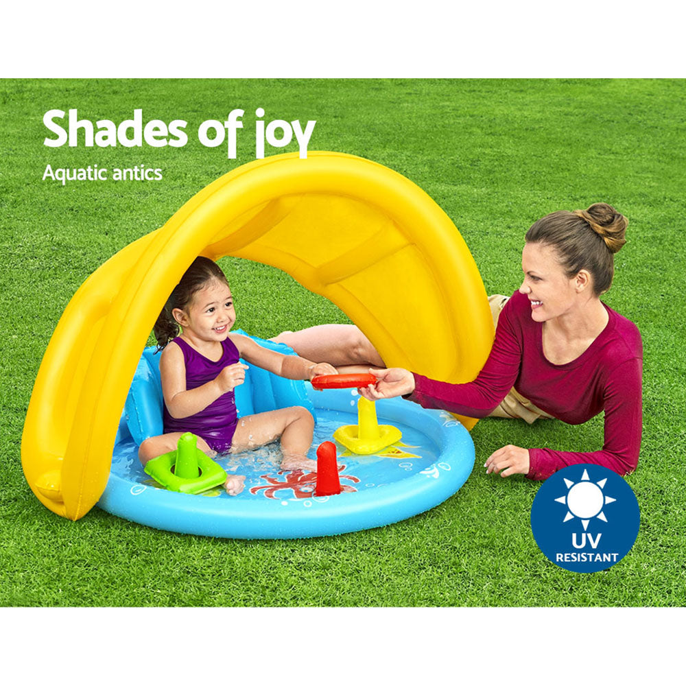 Bestway Kids Swimming Pool, inflatable above ground pool with sunshade and colorful design for children.