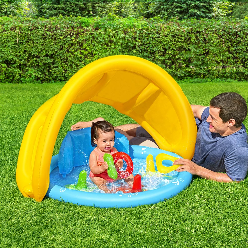 Bestway Kids Swimming Pool, inflatable above ground pool with sunshade and colorful design for children.