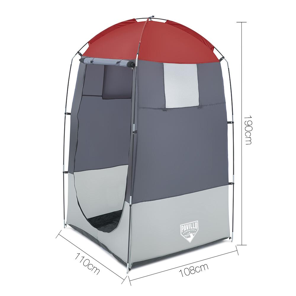 Bestway Portable Change Room for Camping, featuring a weatherproof tent with sturdy fiberglass poles and side windows, ideal for outdoor privacy.