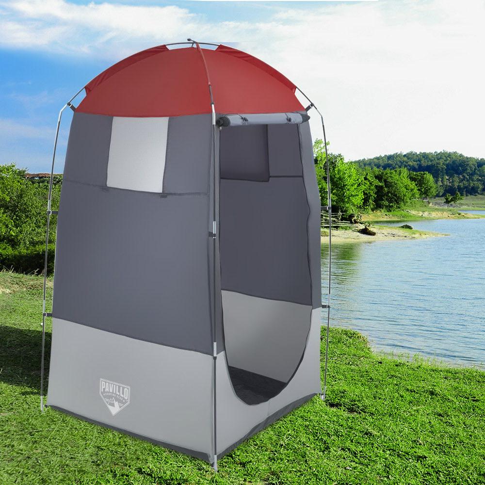 Bestway Portable Change Room for Camping, featuring a weatherproof tent with sturdy fiberglass poles and side windows, ideal for outdoor privacy.