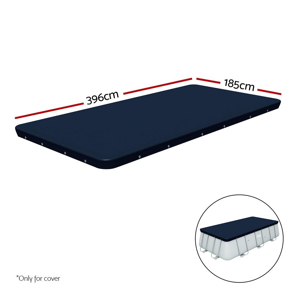 Bestway PVC Pool Cover secured with rope ties, featuring drainage holes and durable UV-resistant material.