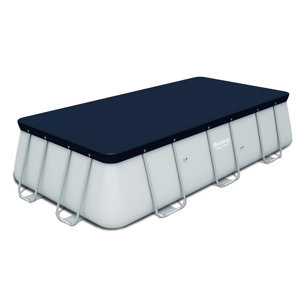 Bestway PVC Pool Cover secured with rope ties, featuring drainage holes and durable UV-resistant material.