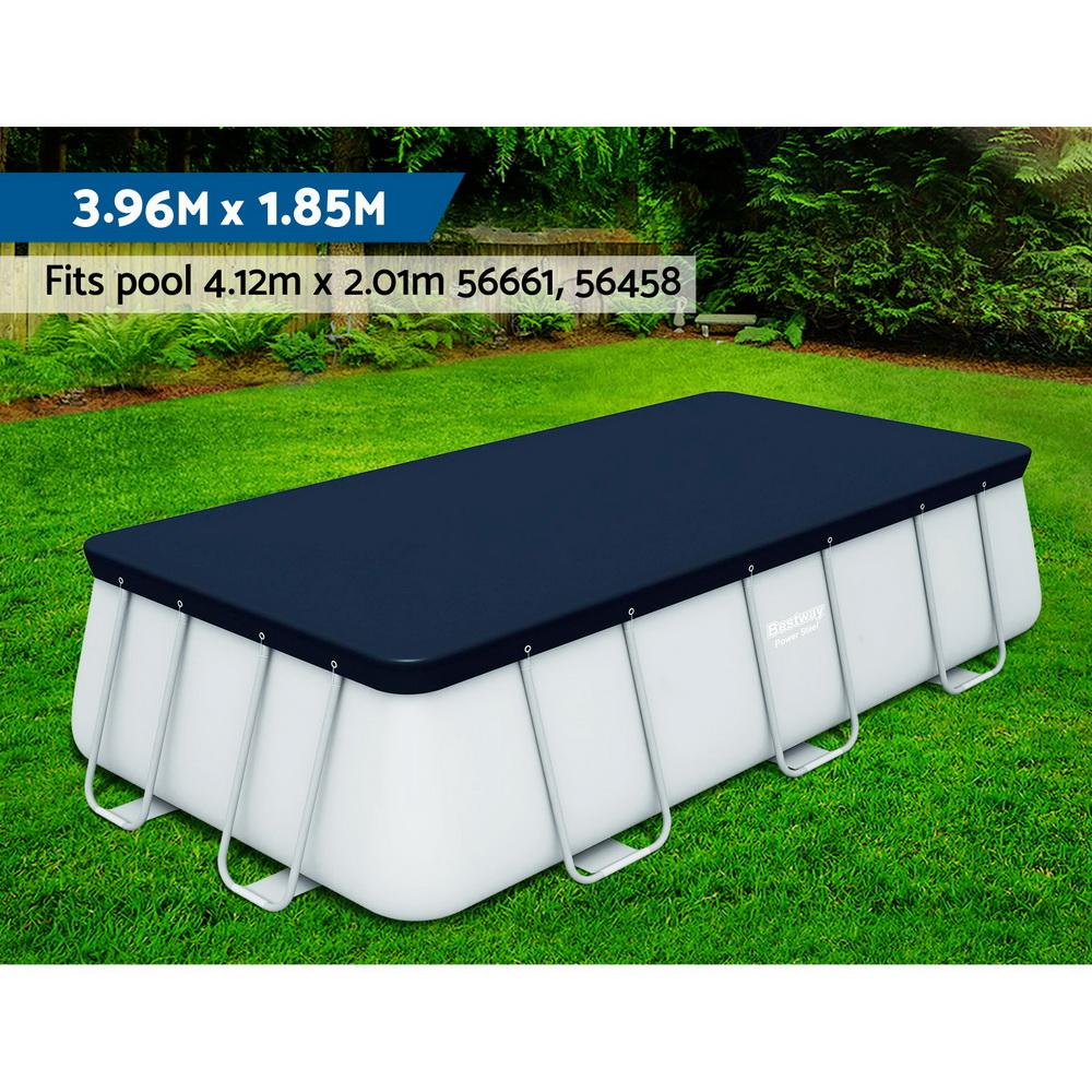 Bestway PVC Pool Cover secured with rope ties, featuring drainage holes and durable UV-resistant material.