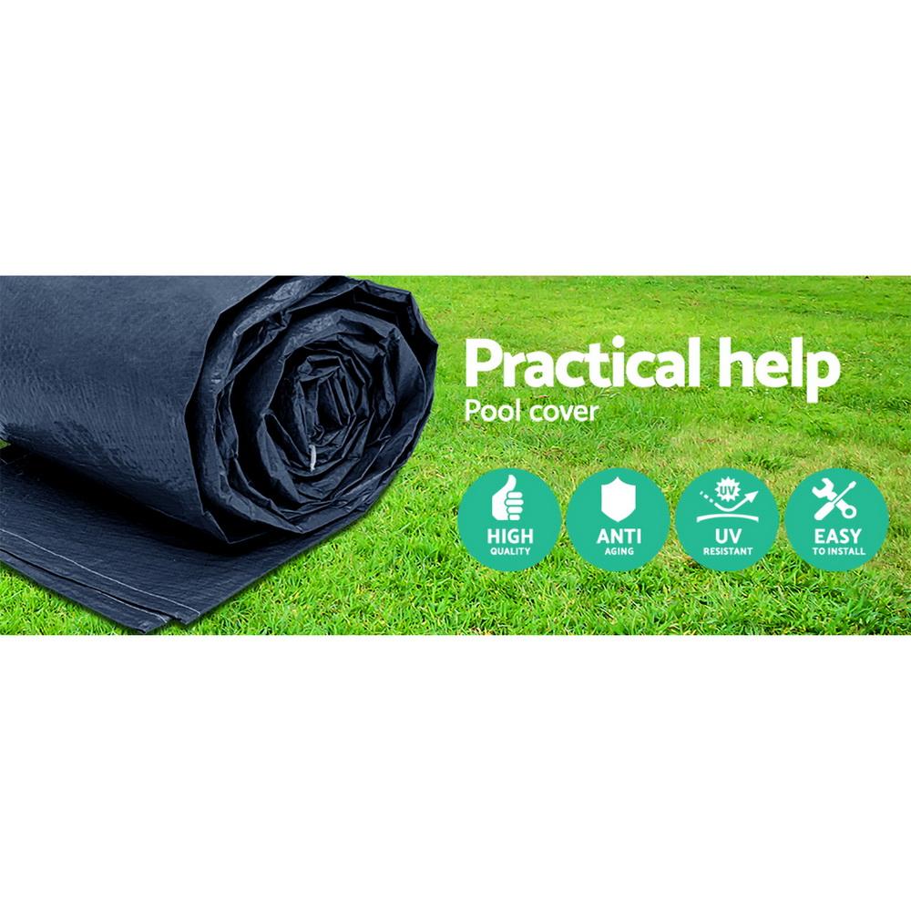 Bestway PVC Pool Cover secured with rope ties, featuring drainage holes and durable UV-resistant material.