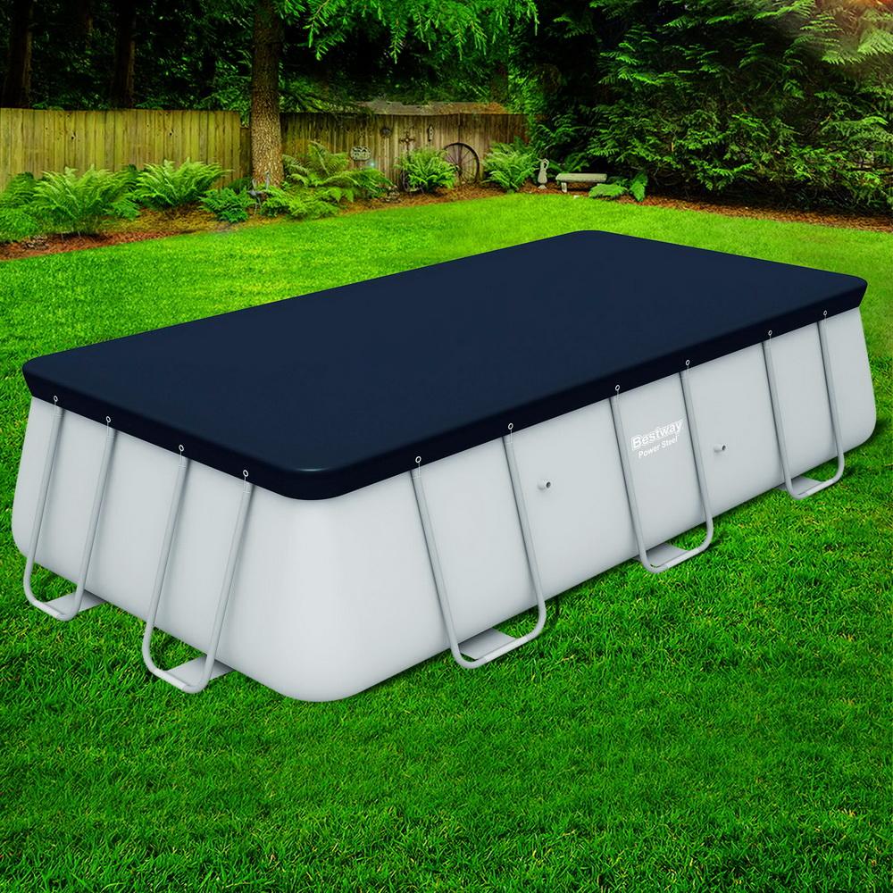 Bestway PVC Pool Cover secured with rope ties, featuring drainage holes and durable UV-resistant material.