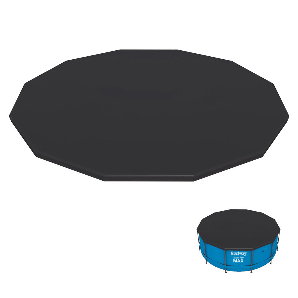 Bestway PVC Pool Cover secured with rope ties, featuring drainage holes for rainwater.