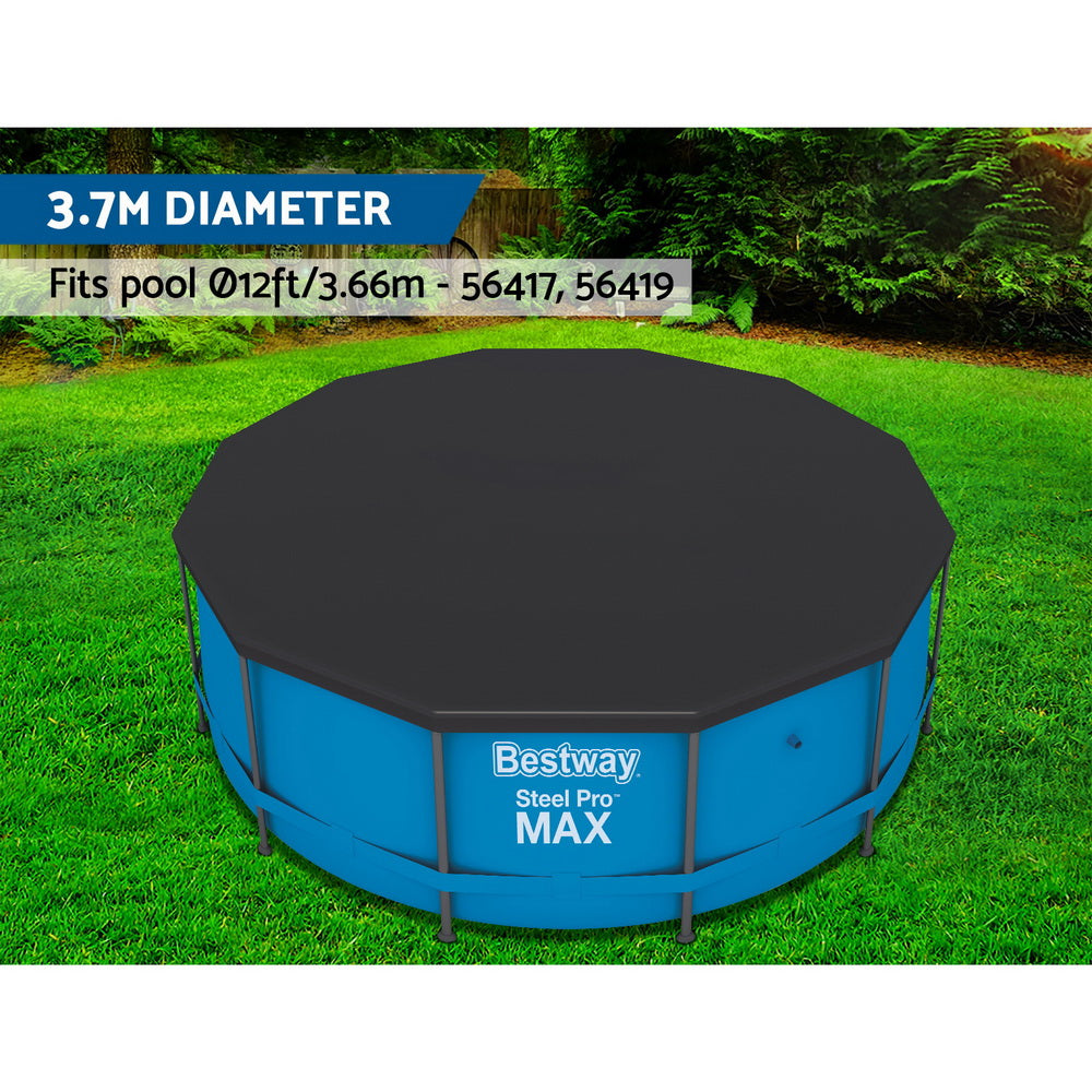 Bestway PVC Pool Cover secured with rope ties, featuring drainage holes for rainwater.