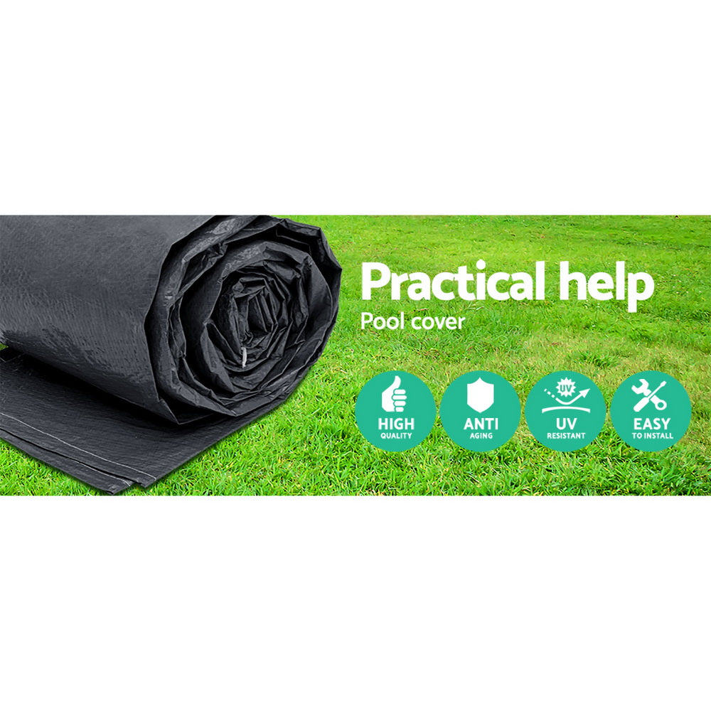 Bestway PVC Pool Cover secured with rope ties, featuring drainage holes for rainwater.