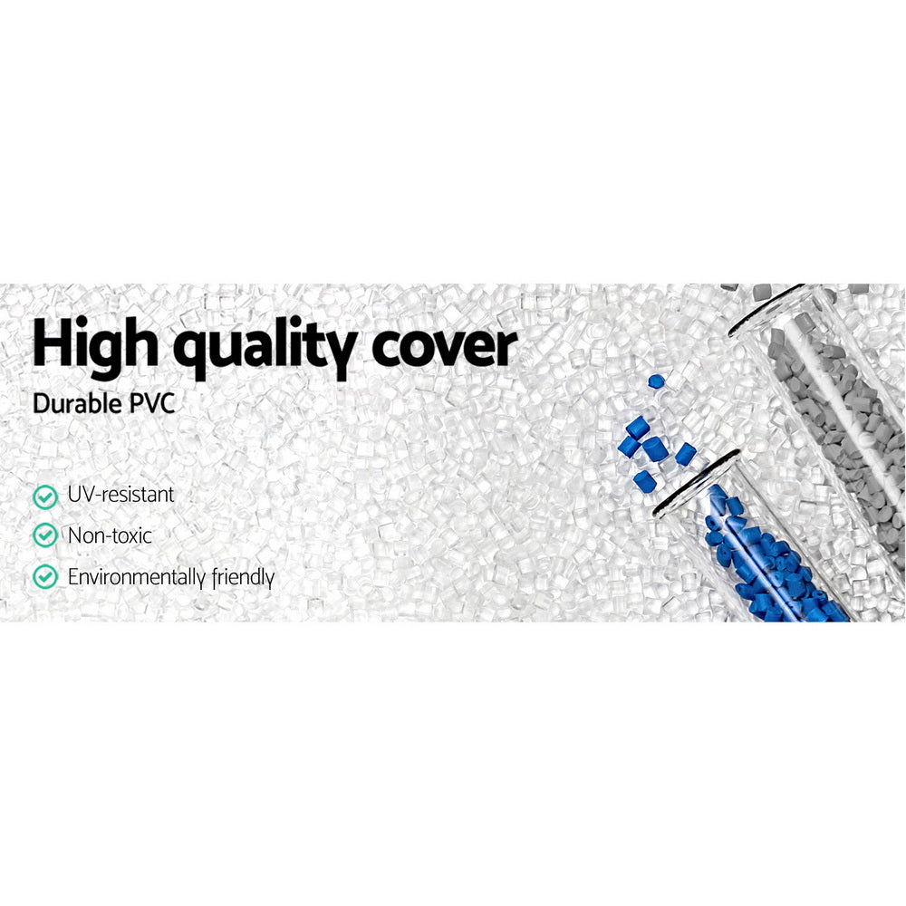 Bestway PVC Pool Cover secured with rope ties, featuring drainage holes for rainwater.