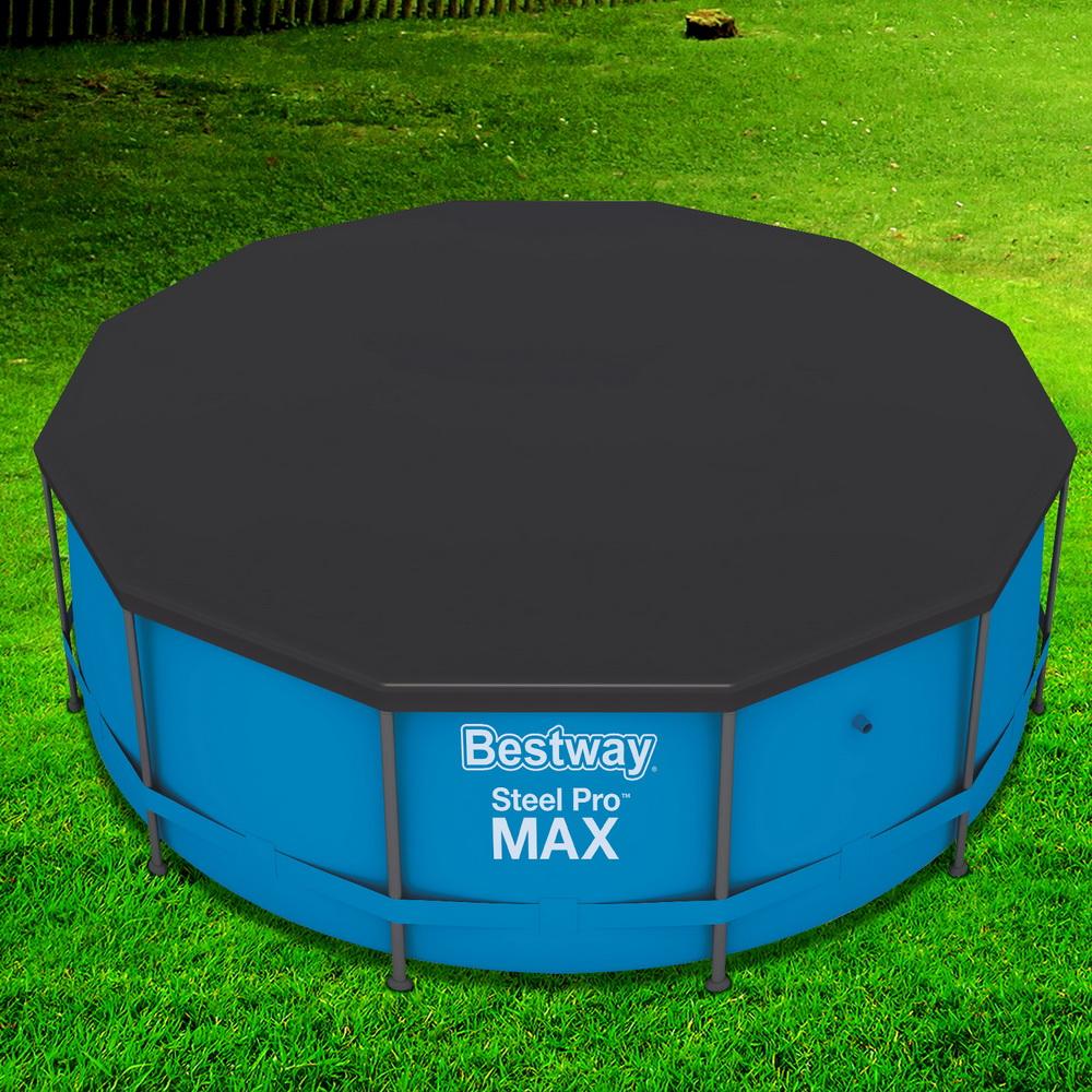 Bestway PVC Pool Cover secured with rope ties, featuring drainage holes for effective water management.