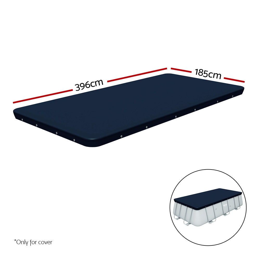 Bestway PVC Pool Cover secured with rope ties, featuring drainage holes for effective rainwater management.