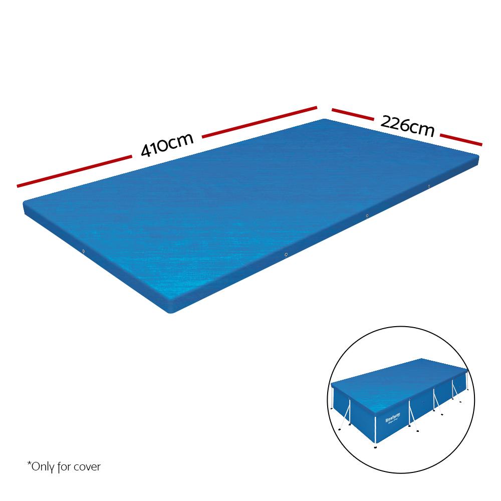 Bestway PVC Pool Cover secured with rope ties, featuring drainage holes for rainwater.