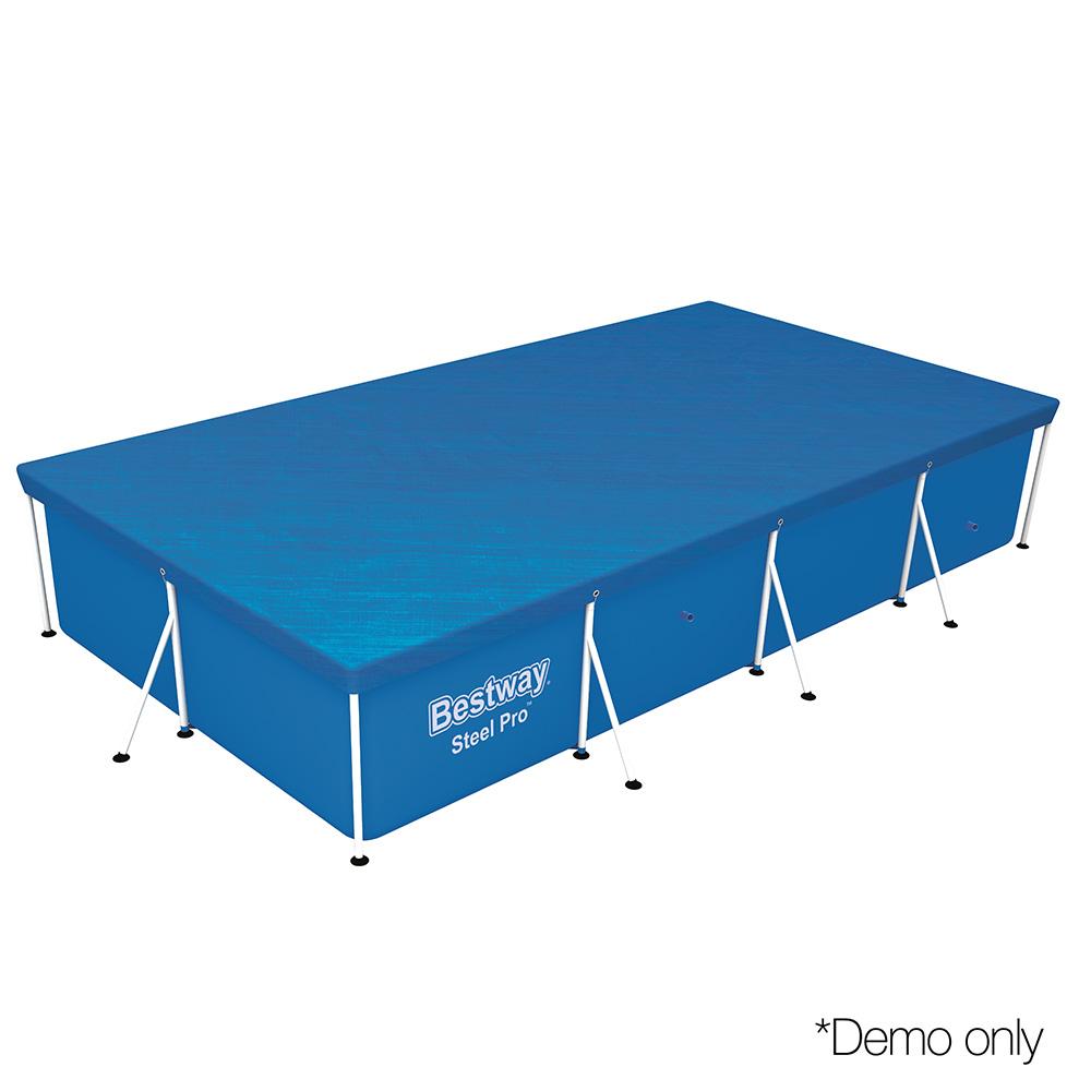 Bestway PVC Pool Cover secured with rope ties, featuring drainage holes for rainwater.